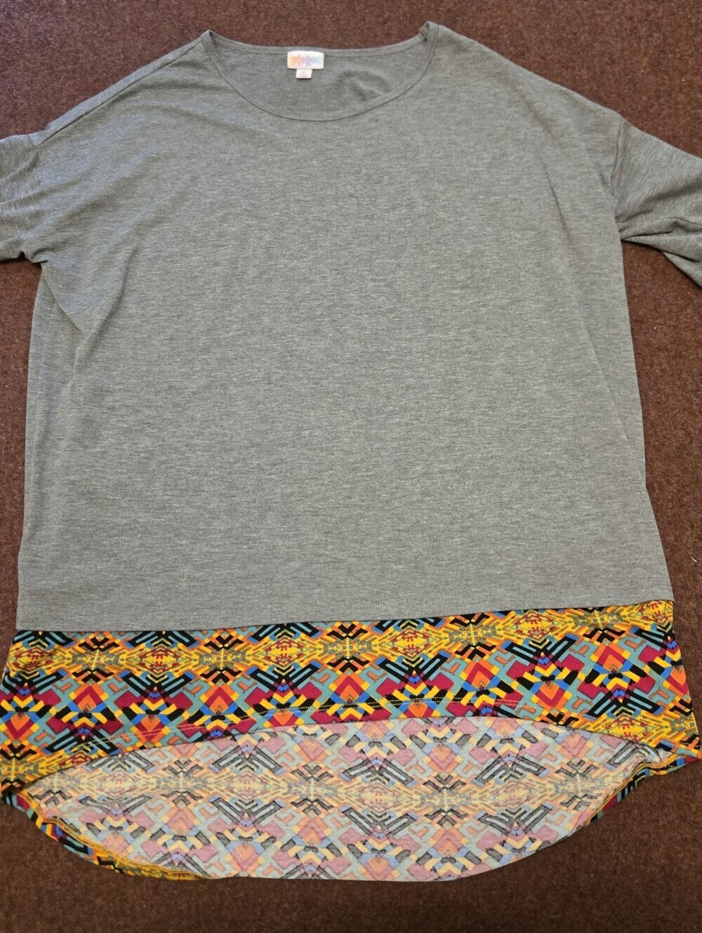 LuLaRoe Irma Tunic Short Sleeve Gray With Colorful Trim Size Medium Oversized
